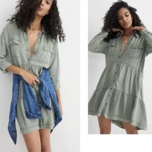 Pilcro green tiered long sleeve shirt dress small